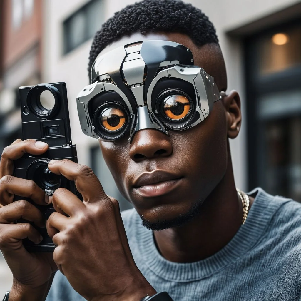 man wearing VR headset with eyes.