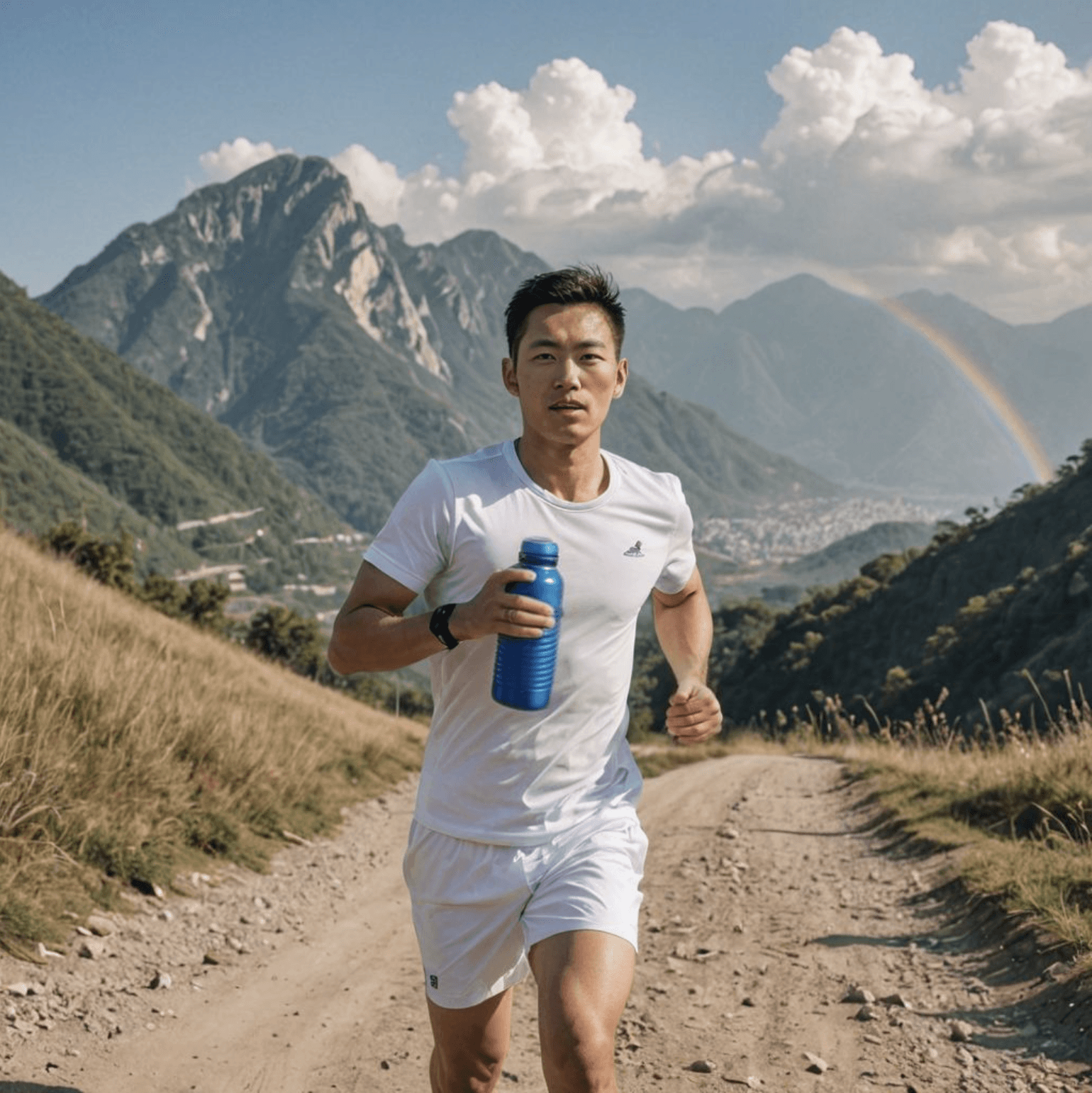 east asian model running in the hills with scenic view and rainbow while holding blue water bottle