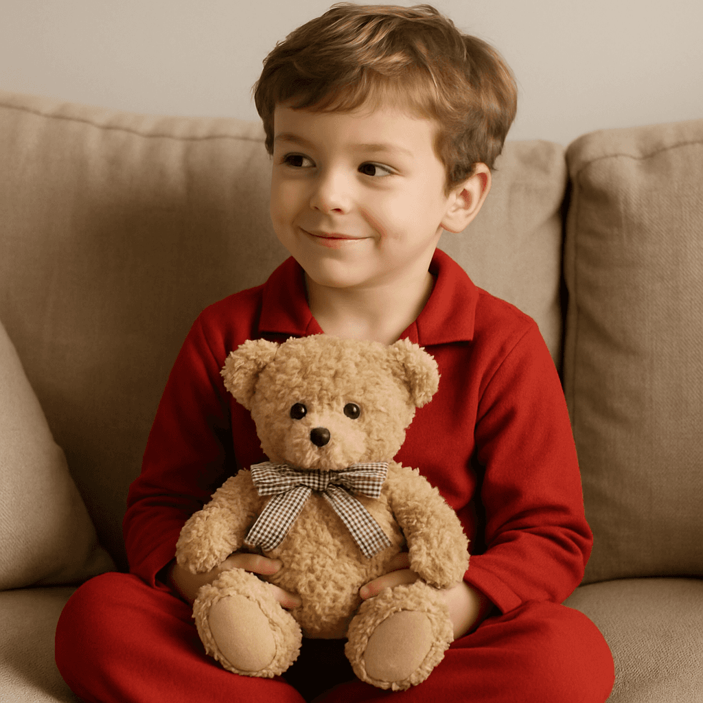 4 year old boy wearing red pyjamas on sofa holding teddy bear