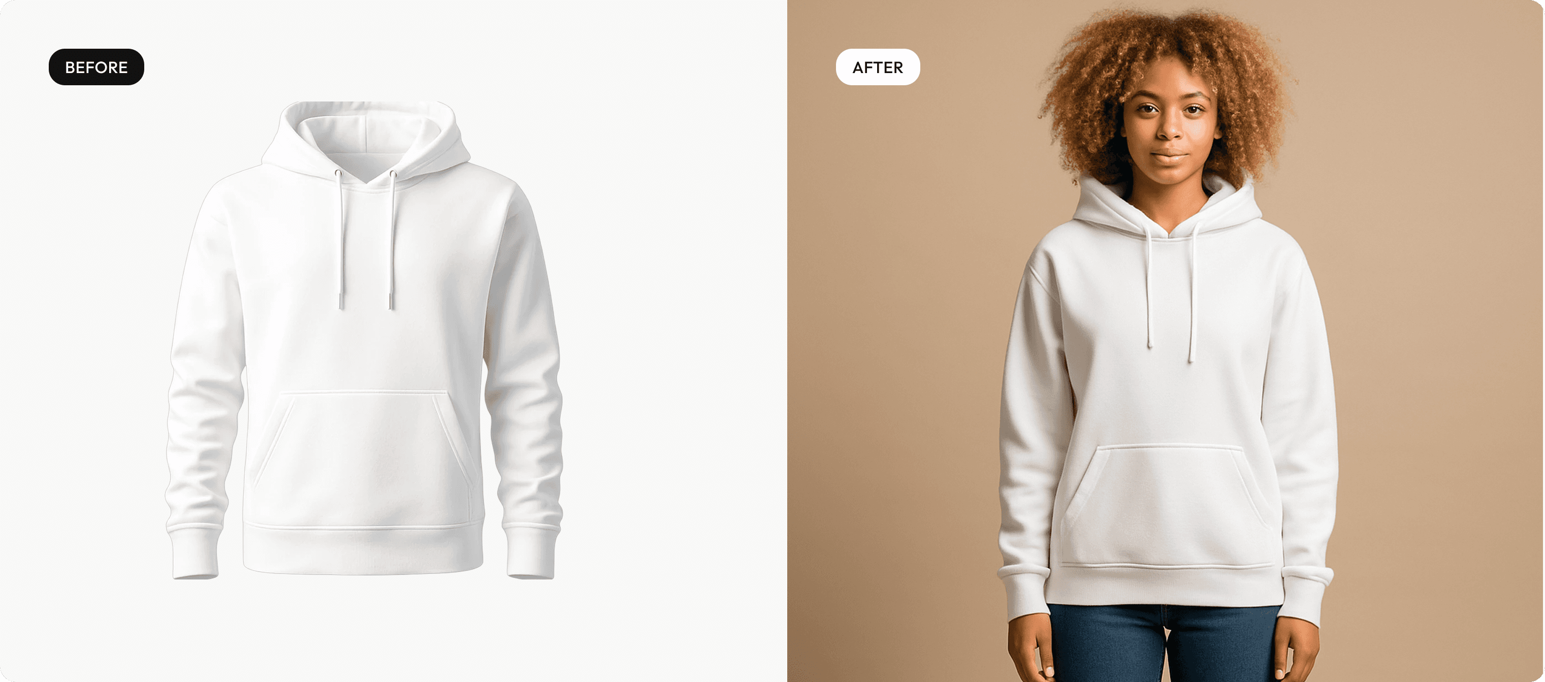 before and after, woman wearing white hoodie
