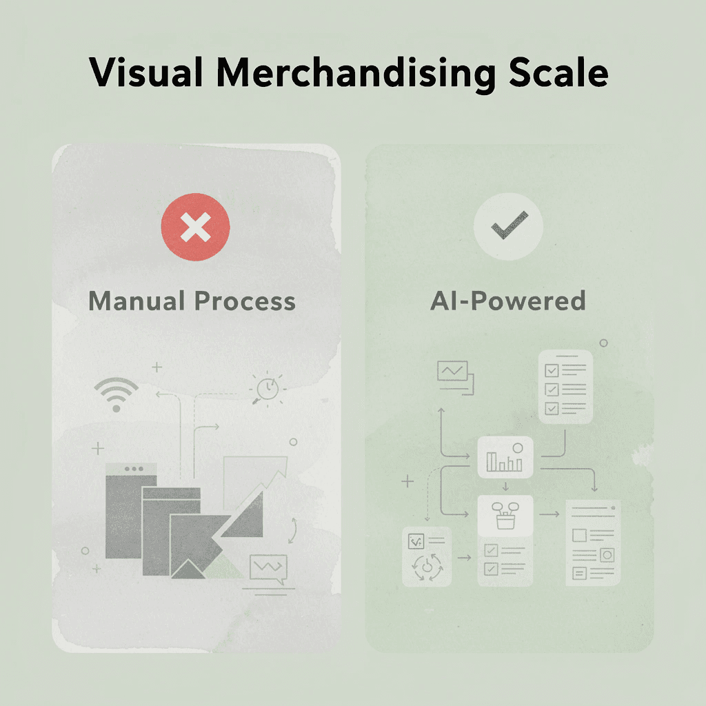 Before and after infographic comparing manual versus AI-powered visual merchandising