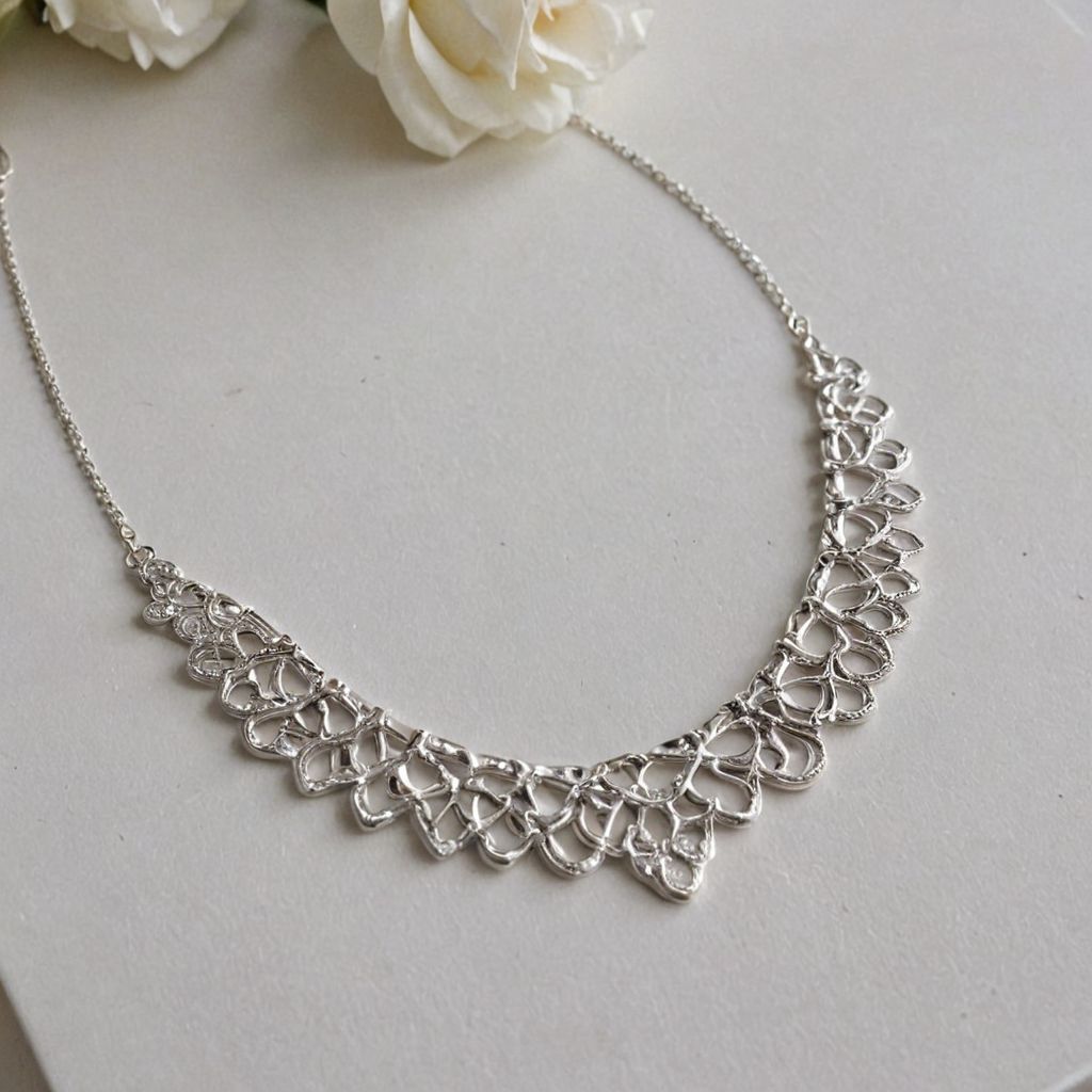 silver patterned necklace on a gray background with white flower at the top
