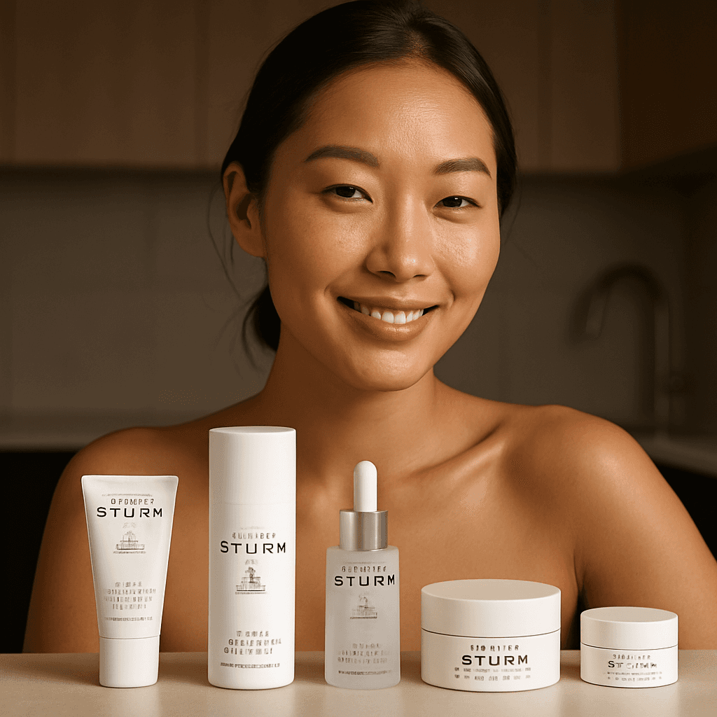 east asian model posing in modern kitchen with white skincare products on the counter