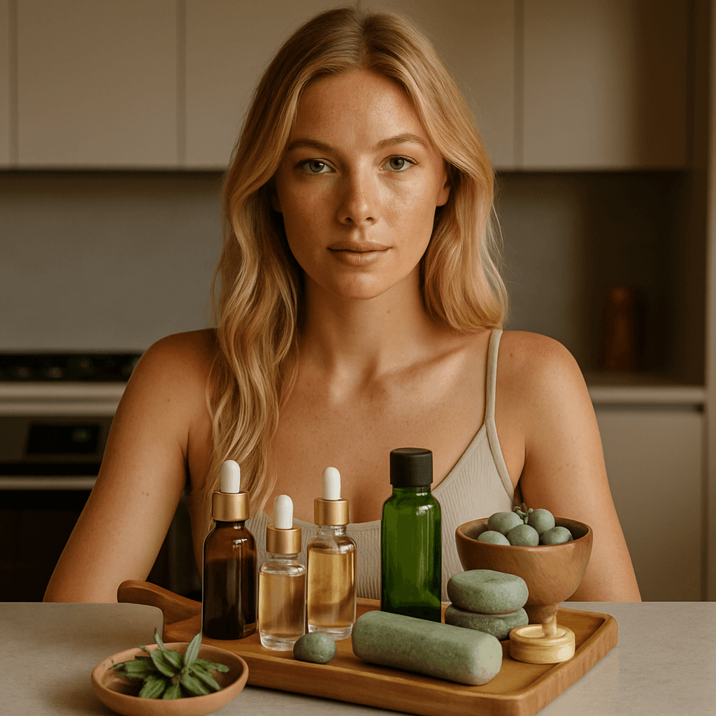 blonde tanned freckled model in modern kitchen with skincare products on the counter