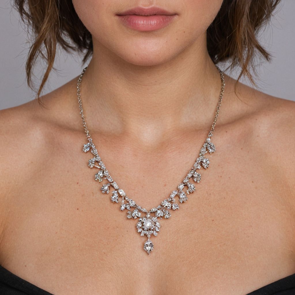 woman wearing intricate necklace up close with view of neck
