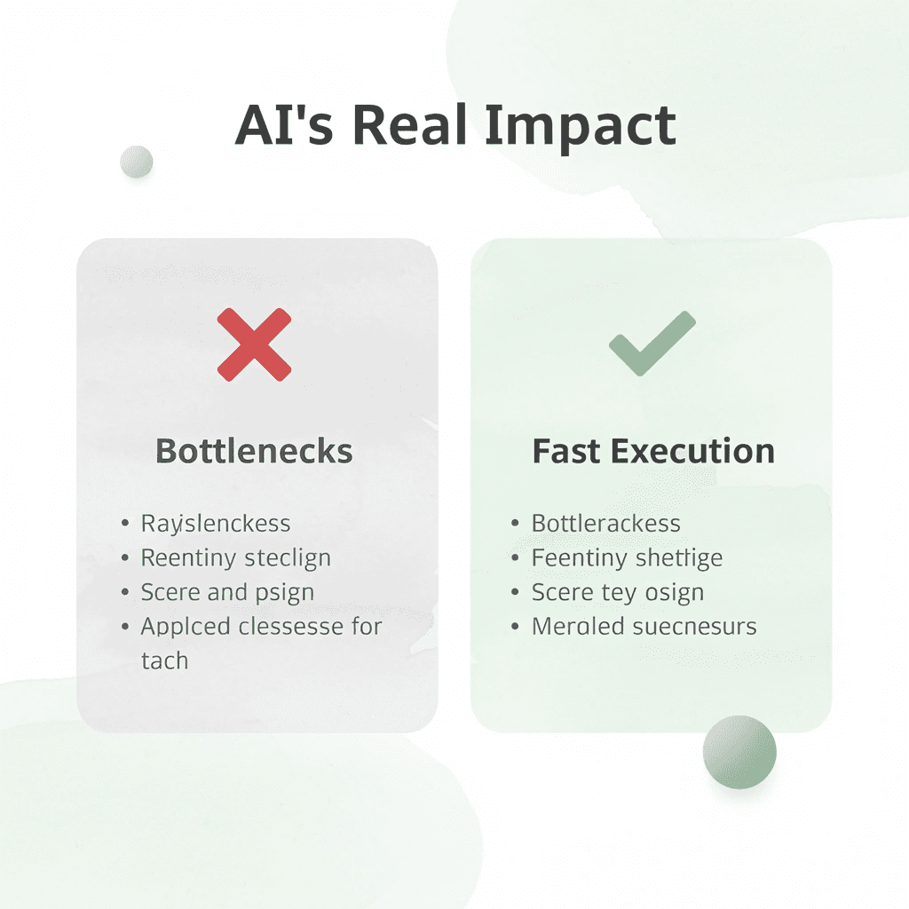 Before and after infographic showing AI eliminating bottlenecks to enable fast execution
