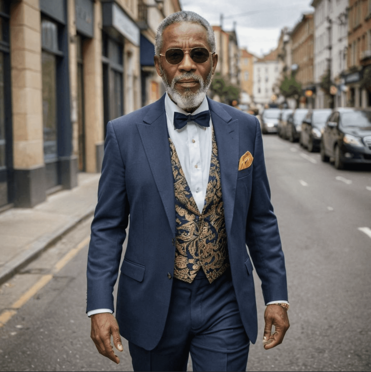 elderly black man dressed in a suave navy suit