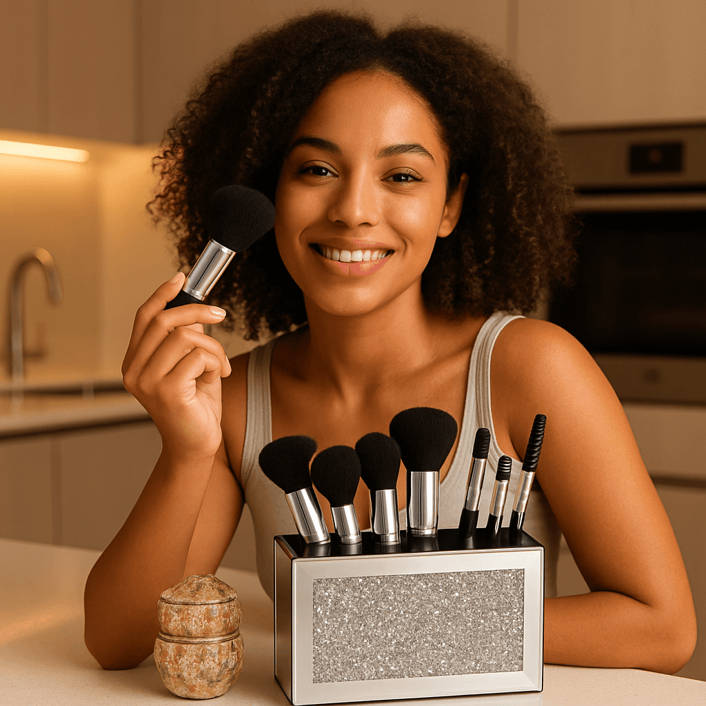curly hair woman - makeup product photo