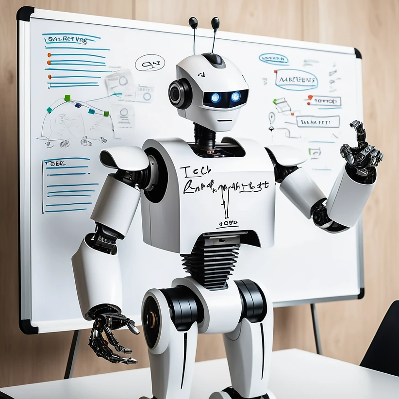 robot giving a presentation in from on a white board