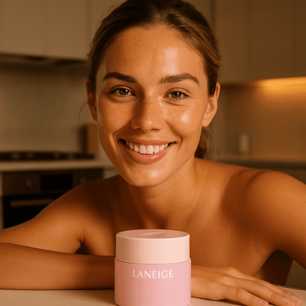 brunette model woman using pink skincare mask product beauty product photo made on caspa AI