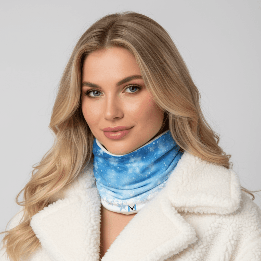 blond woman wearing a nlue neckwarmer and white fur coat - ai photo made on caspa AI