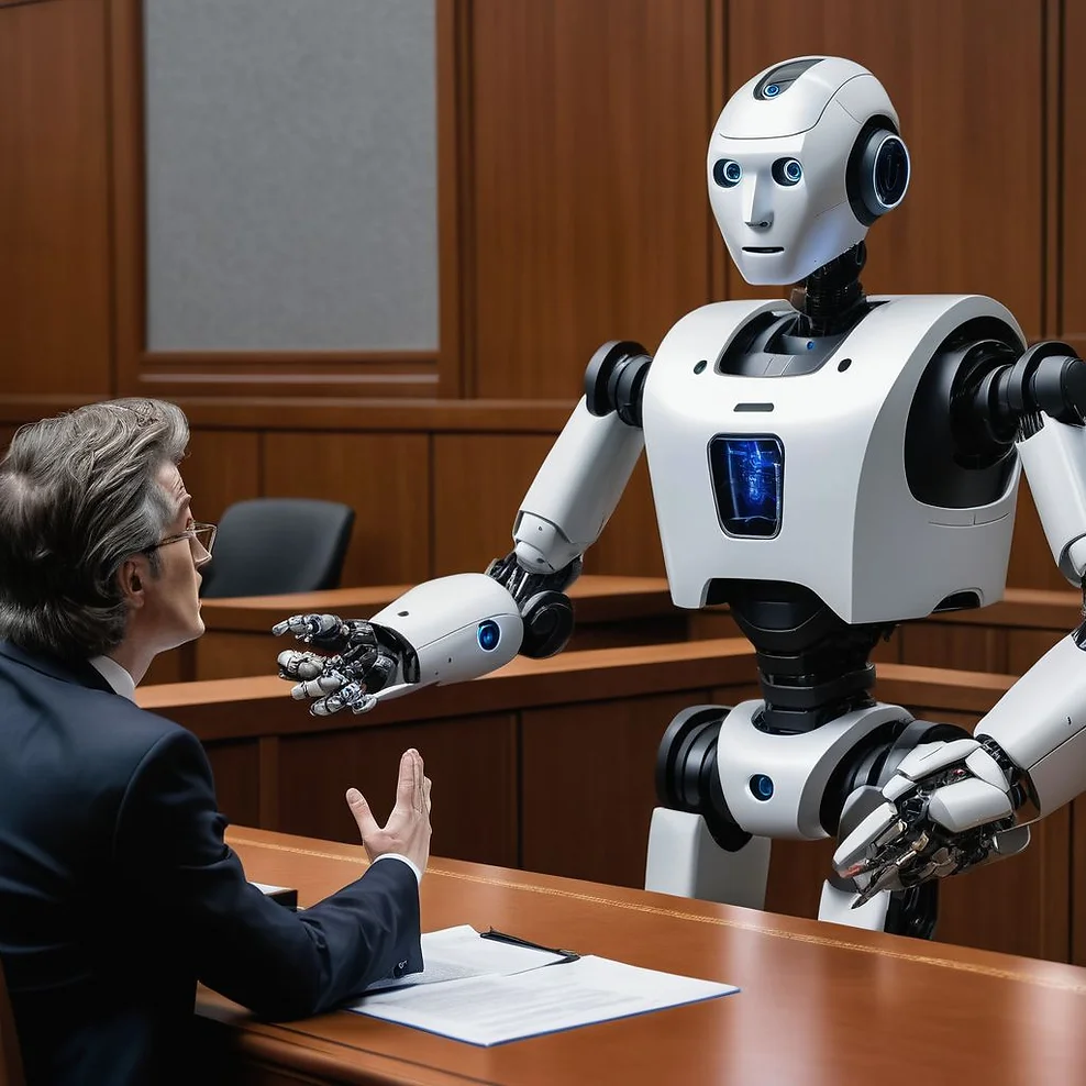 robot in a courtroom shaking hands with lawyer