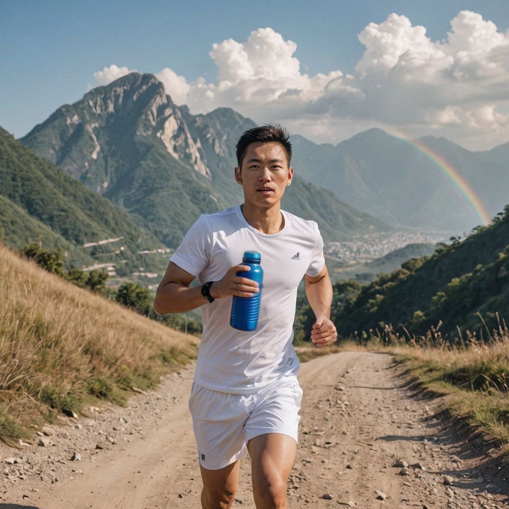 asian man wearing all white running between the mountains holding a water bottle