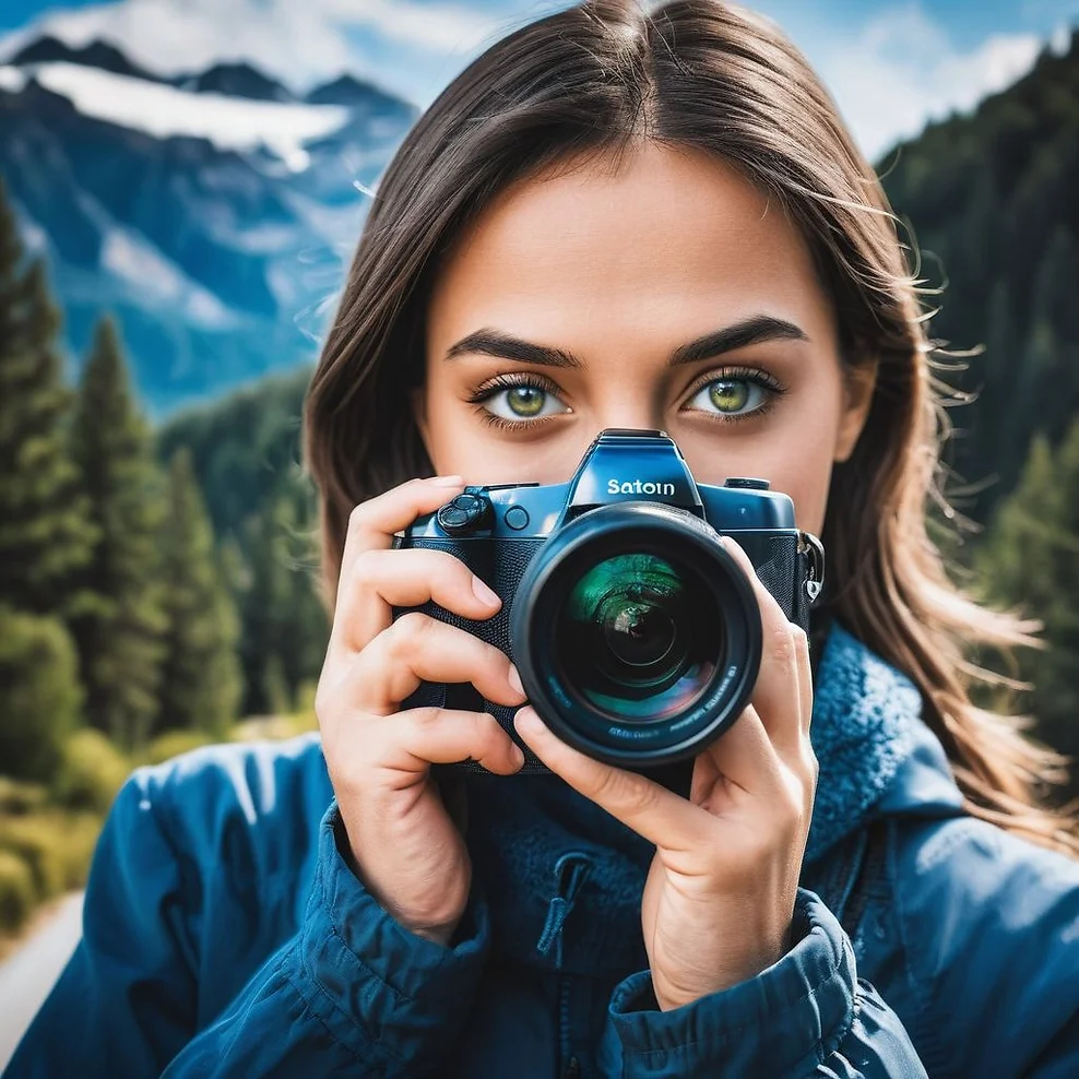 woman holding a camerina in the mountains about to take a photo