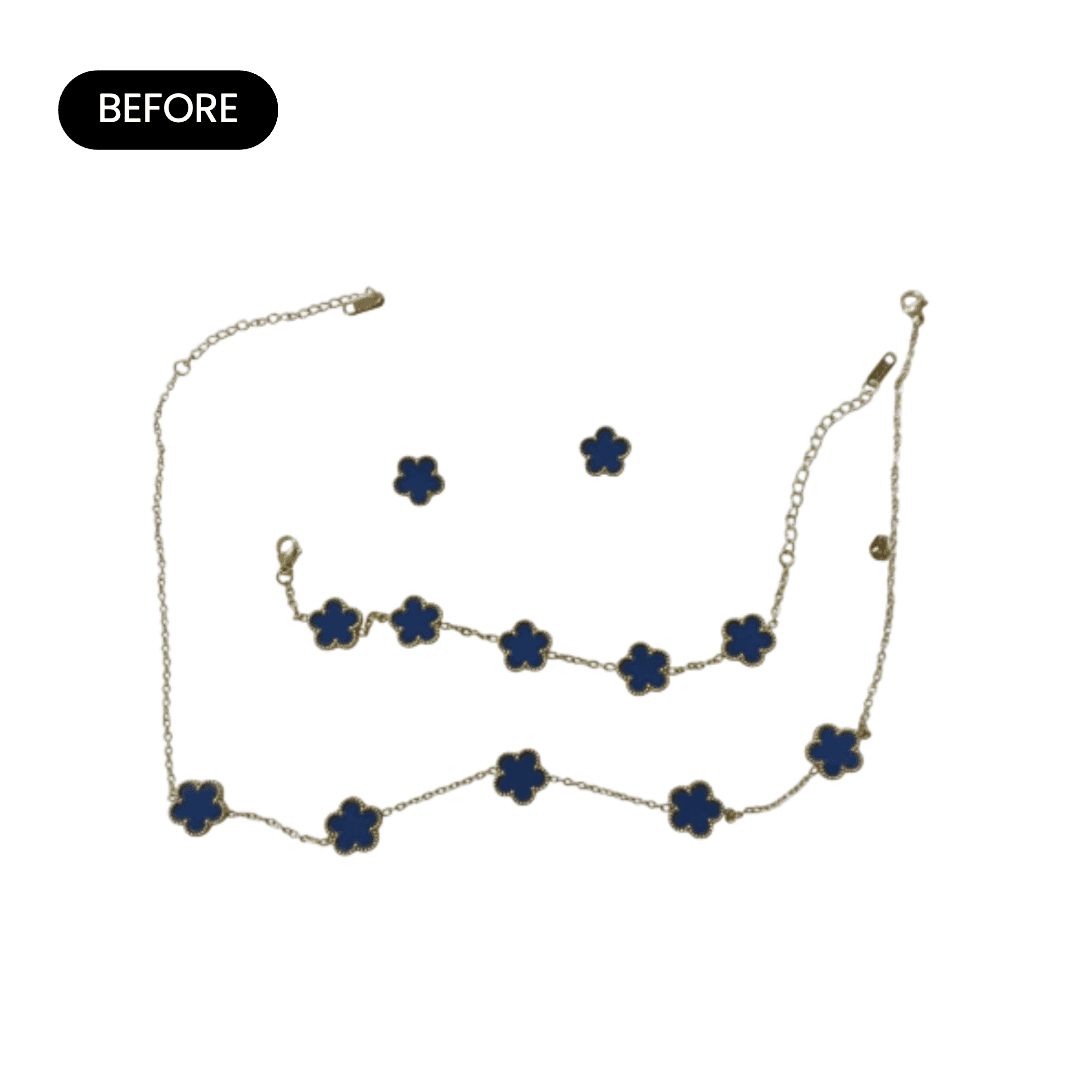 earrings, necklace and bracelet set on a white background