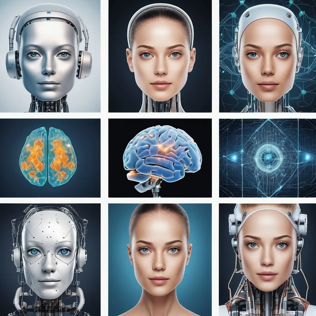 passport style photos of a women and robots