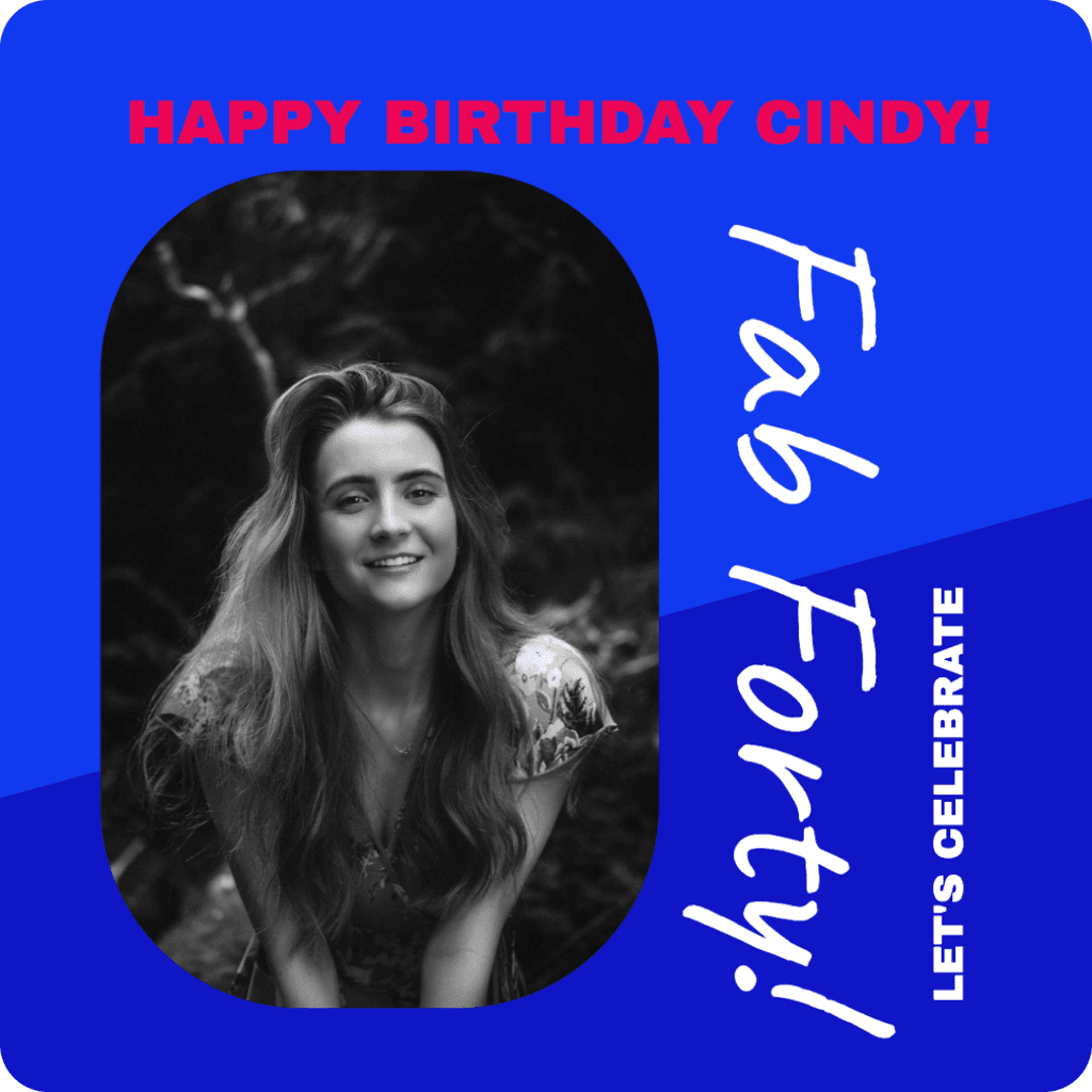 AI product photography of a woman with long hair in black and white on a blue birthday card