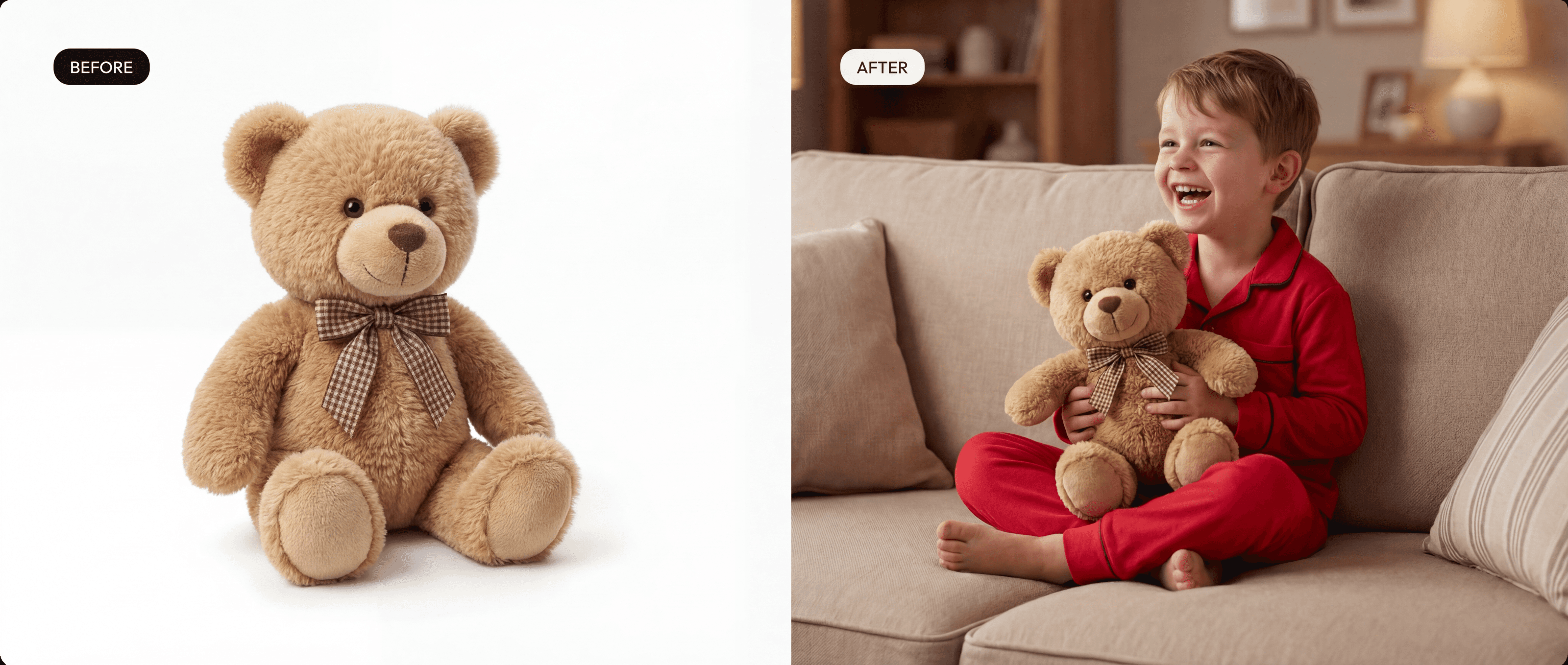 before and after image of a bear on a white studio background and then with a 5 year old holding and wearing red pyjamas