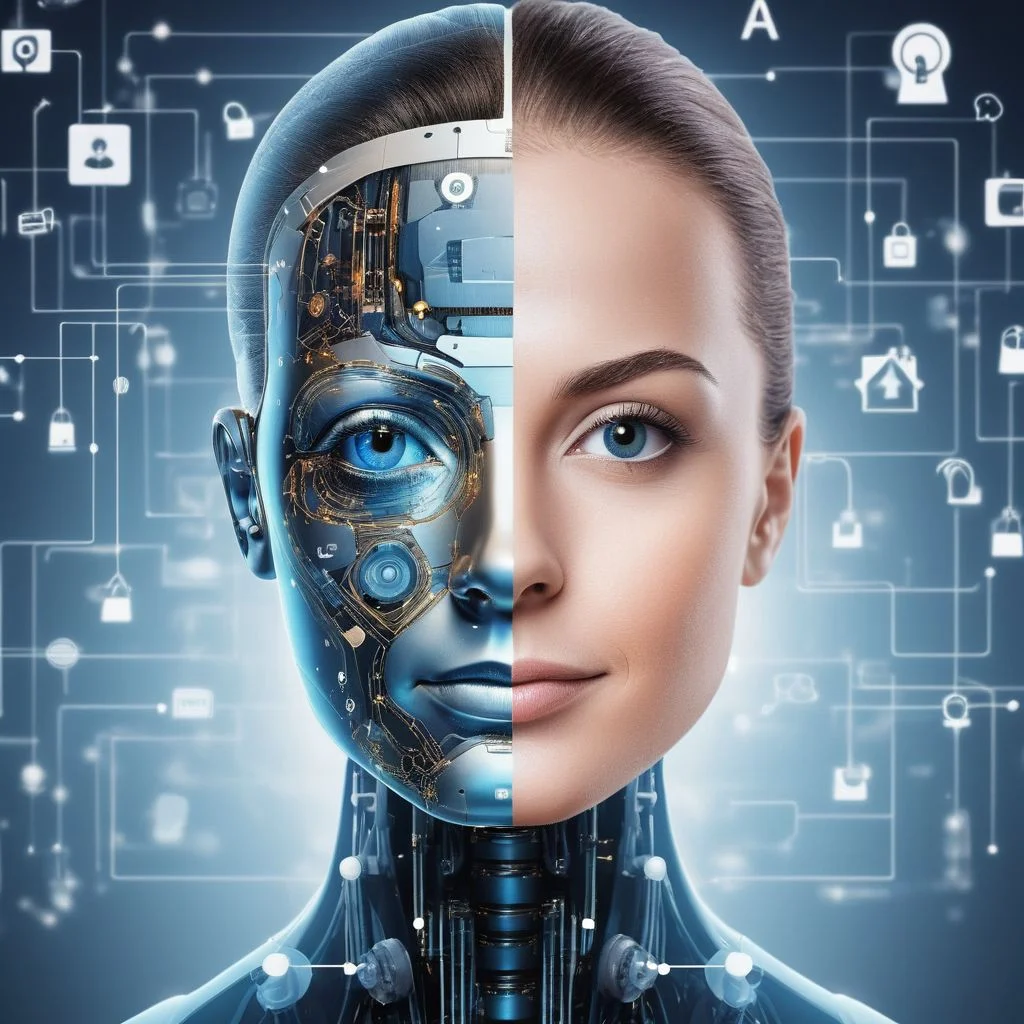 half woman half robot in a virtual world