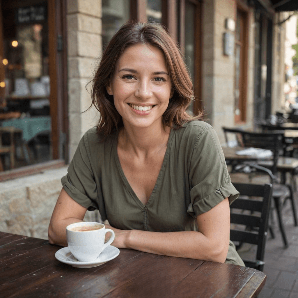 young women sat outside a cafe drinking tea