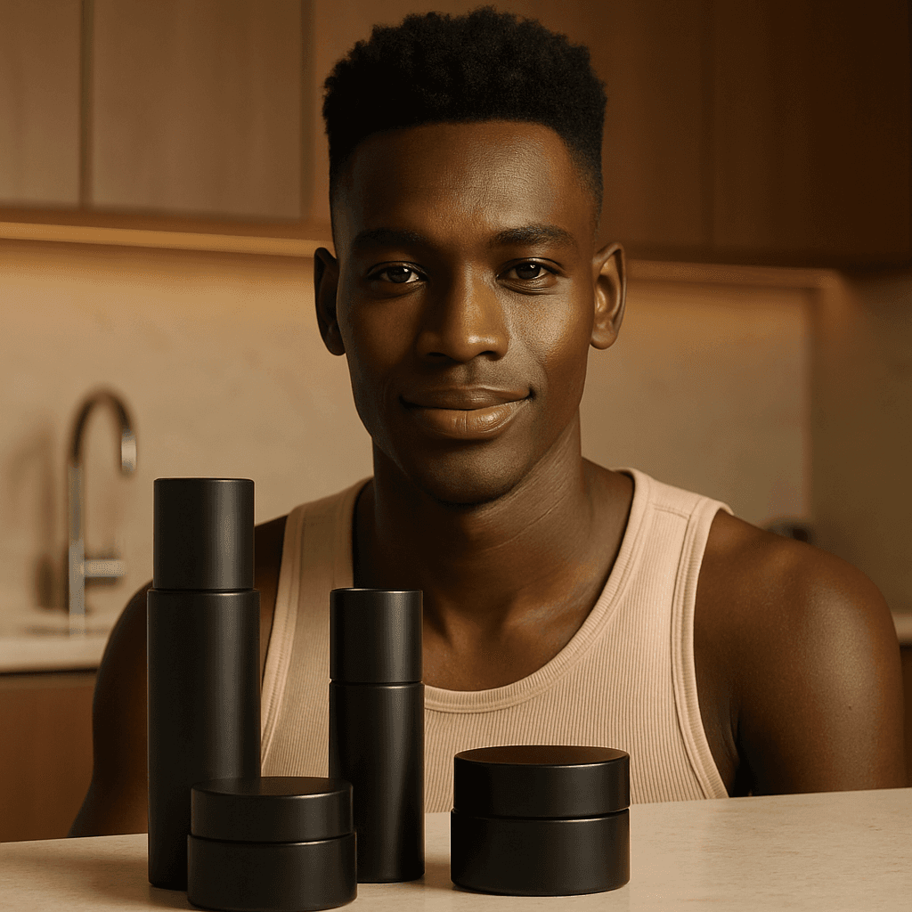 handsome black male model model in modern kitchen with black skincare products on the counter