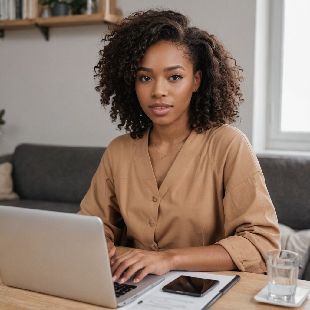 black woman with curly hair working on a desk on her laptop
