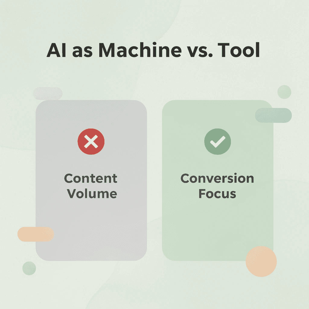 Before and after infographic comparing AI used for content volume versus conversion performance
