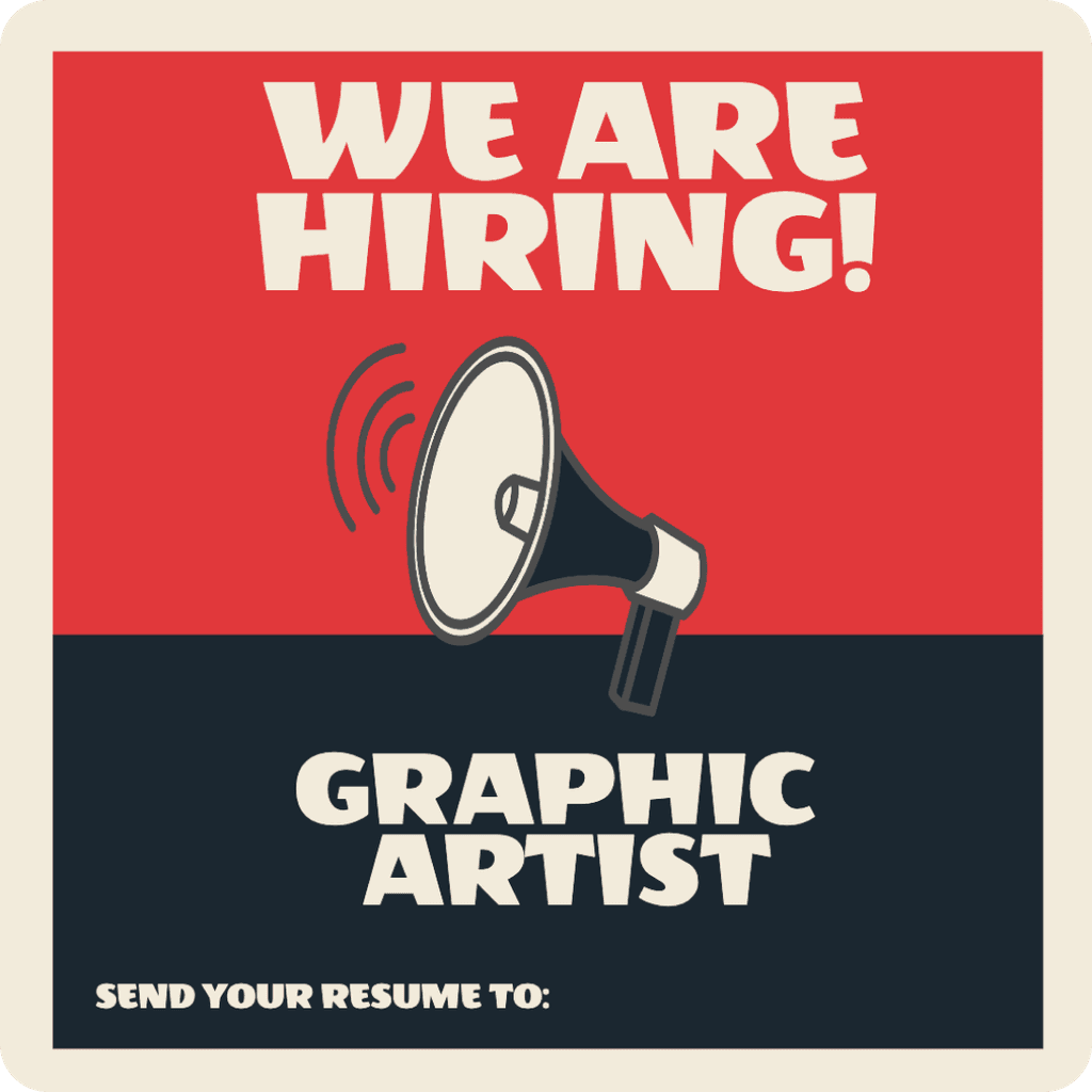 red and black infographic with writing that says "we are hiring! graphic artist"