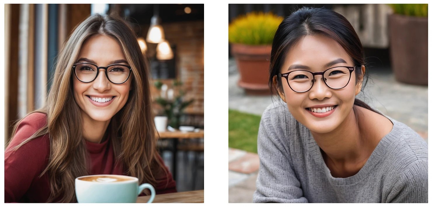 1 women wearing glasses, smiling