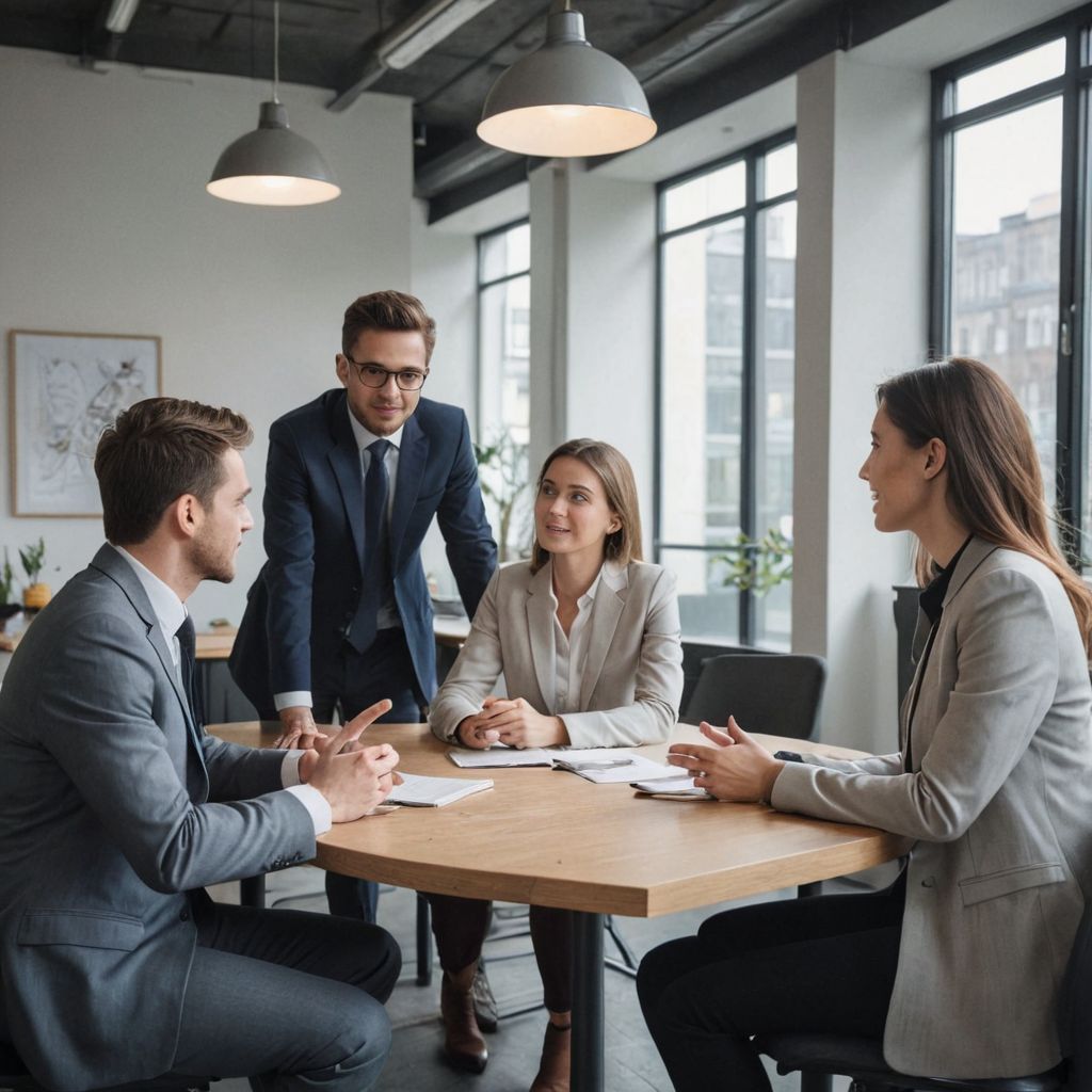 4 business professionals brainstorming in an office