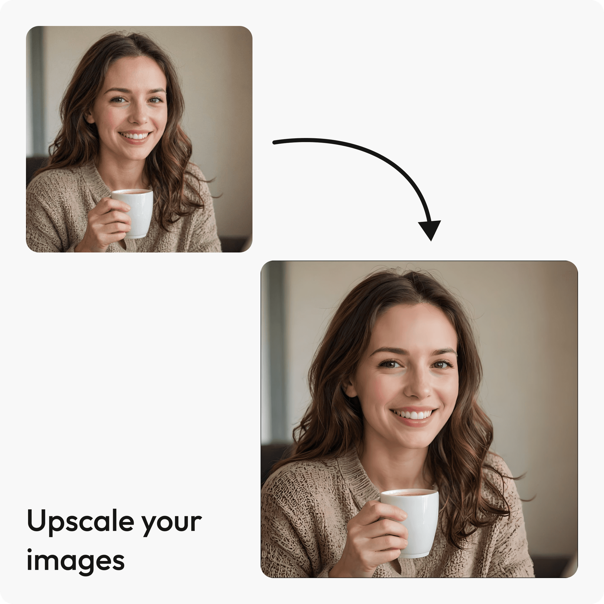 young brunette women, smiling holding a white mug in her hand while smiling