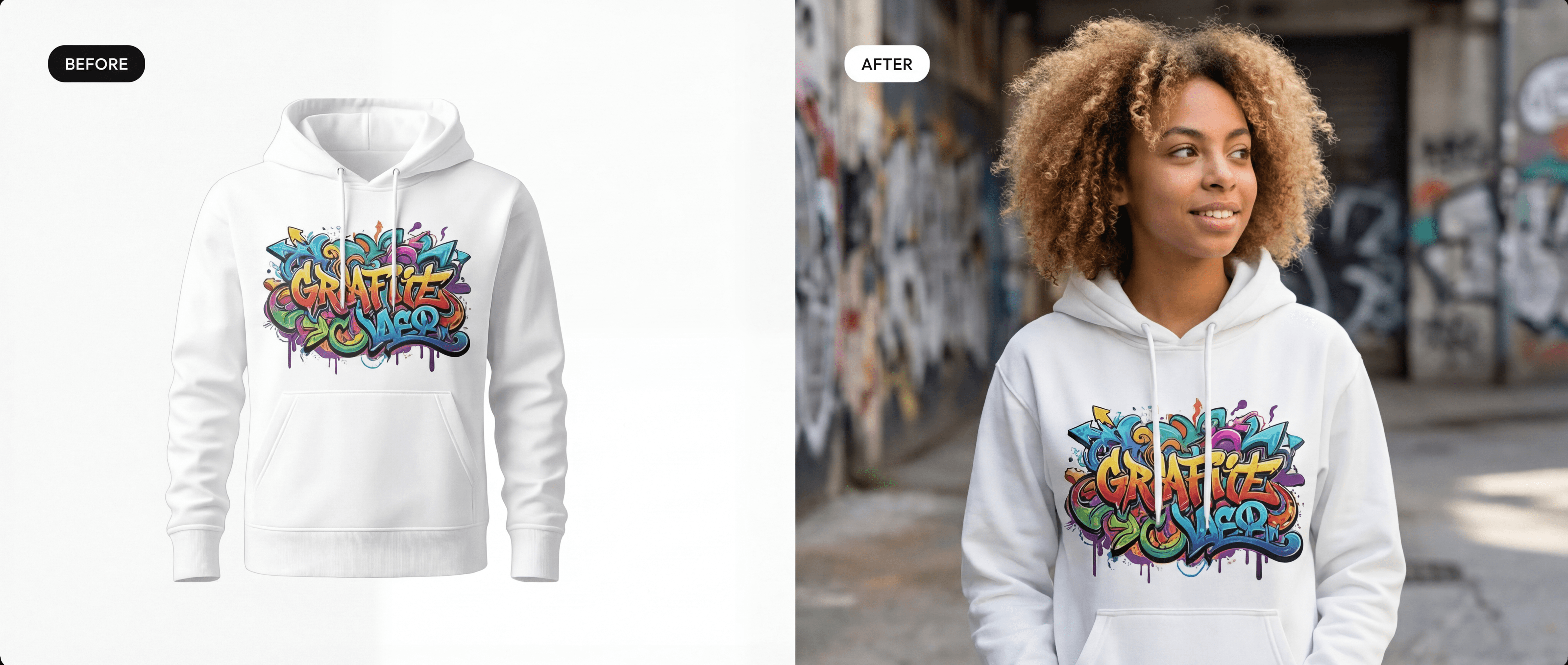 grafiti white hoodie before & after with a mixed race model in a street style photoshoot