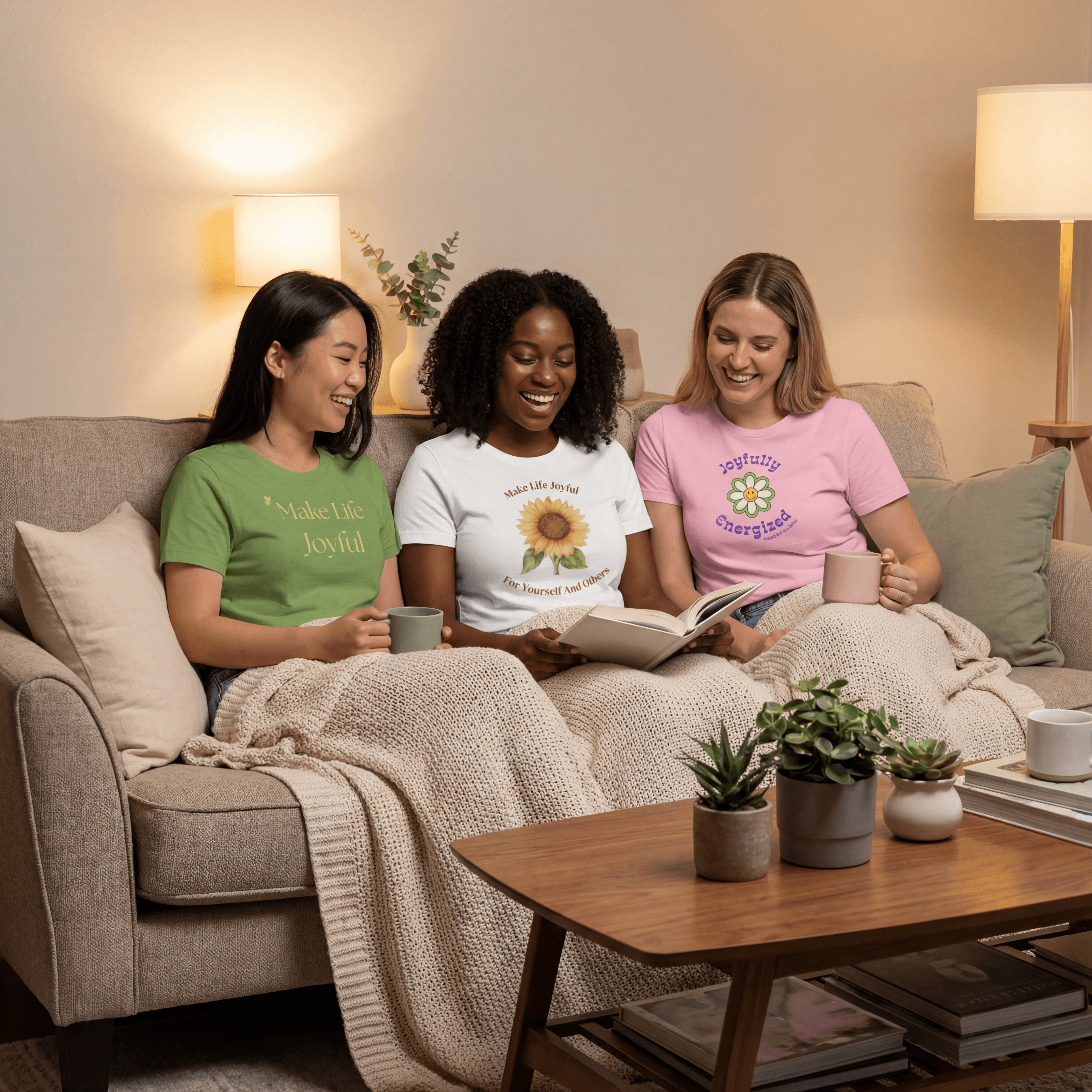 3 woman wearing 3 different tshirts, one blonde woman, one black woman and one asian womn sat on a sofa in a modern living room