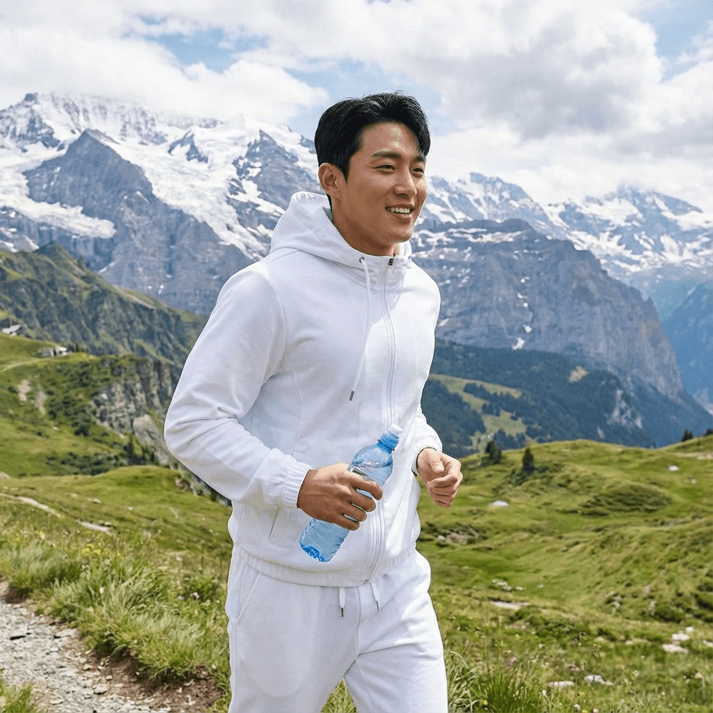 east asian model running through the scenic hills holding a blue water bottle with rainbow in the background