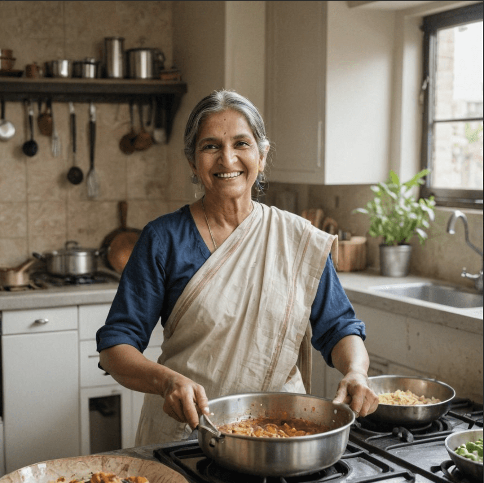 elderly indian women wearing a sari cooking in a modern kitchen