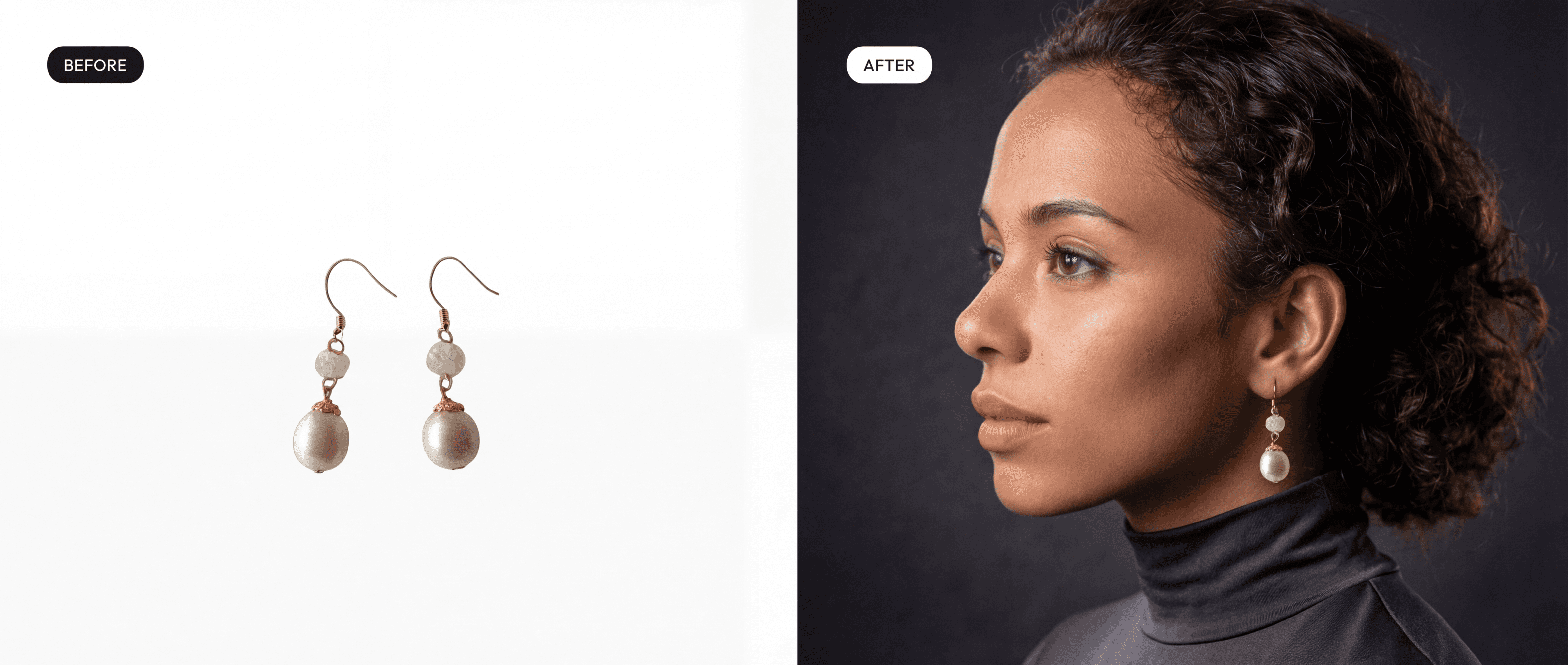 earrings product photo with a mixed race model wearing a black turtle neck in a black studio wearing pearl dangly earrings