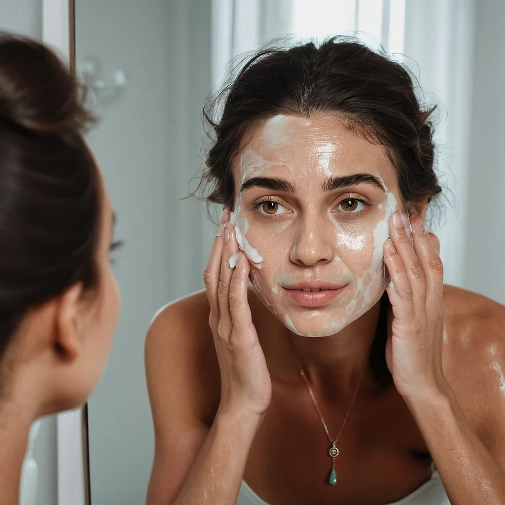 women lathering her face with soap looking into a mirror