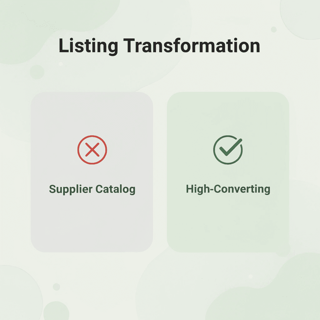 Before and after comparison of supplier catalog images versus high-converting listing assets